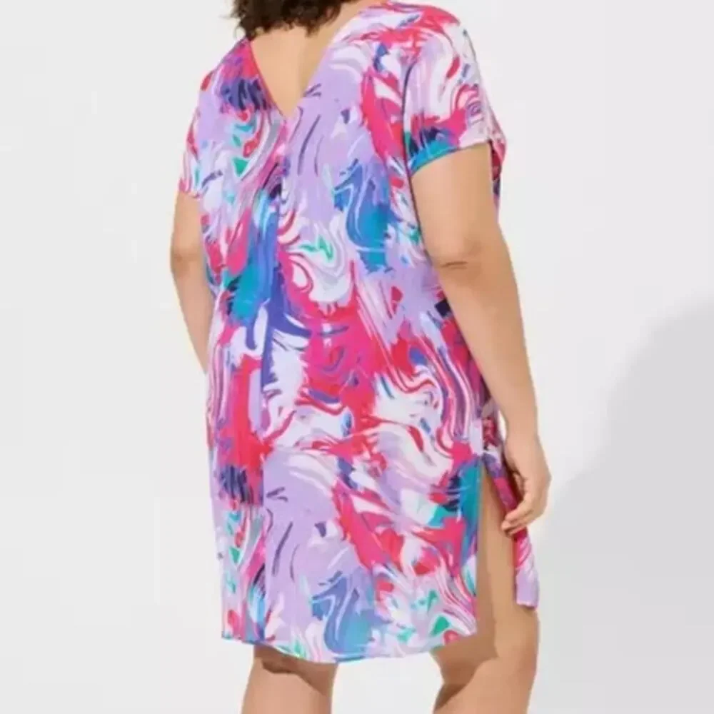 Torrid Size 3 (3X 22/24) Gauze Swim Cover Up‎ Beach Dress V-Neck Abstract Print